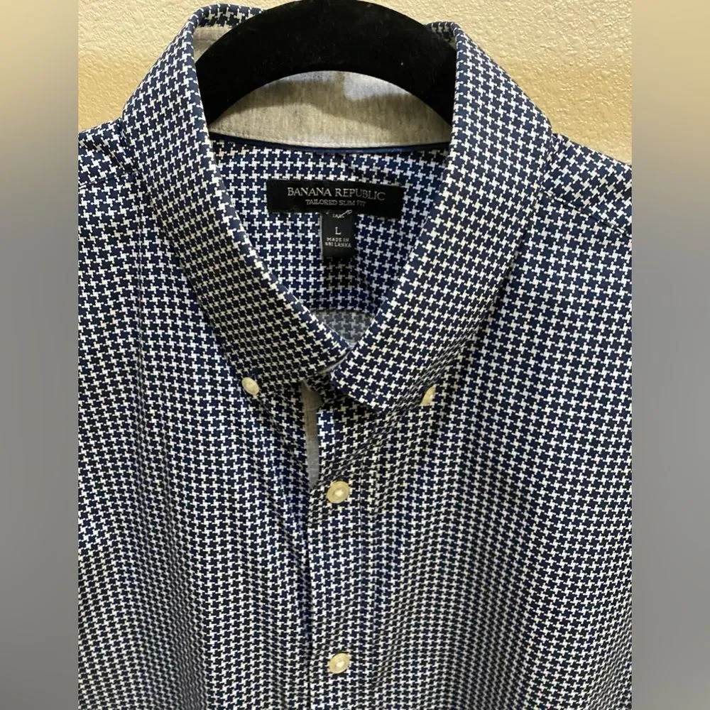 Banana Republic Navy Checkered Gingham Button Down Dress Shirt Men's Sz LT